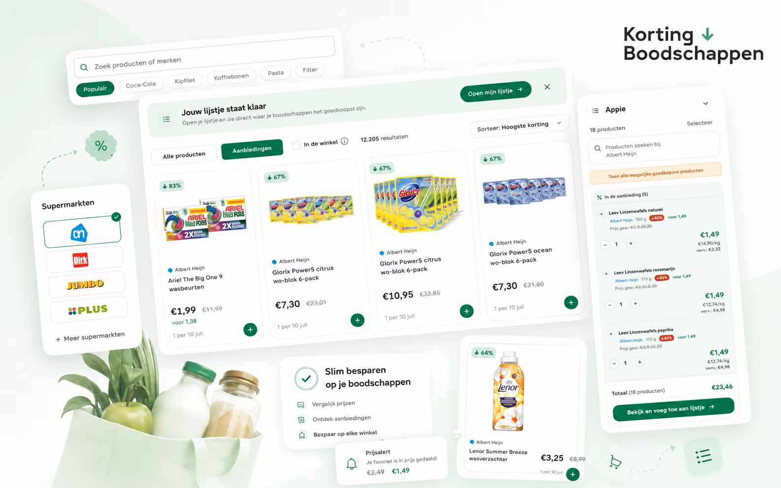 Screens of the Korting Boodschappen grocery app: product search, a list of Dutch supermarkets, discount product cards with euro prices, and a shopping-list panel totalling the savings.