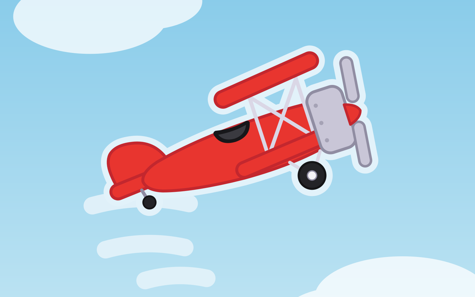Flat illustration of a small red biplane banking through a light-blue sky with scattered white clouds.